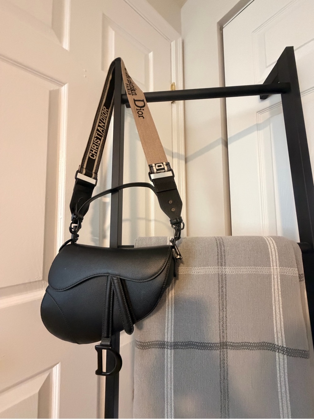 Dior Black Saddle Crossbody with Beige Logo Strap